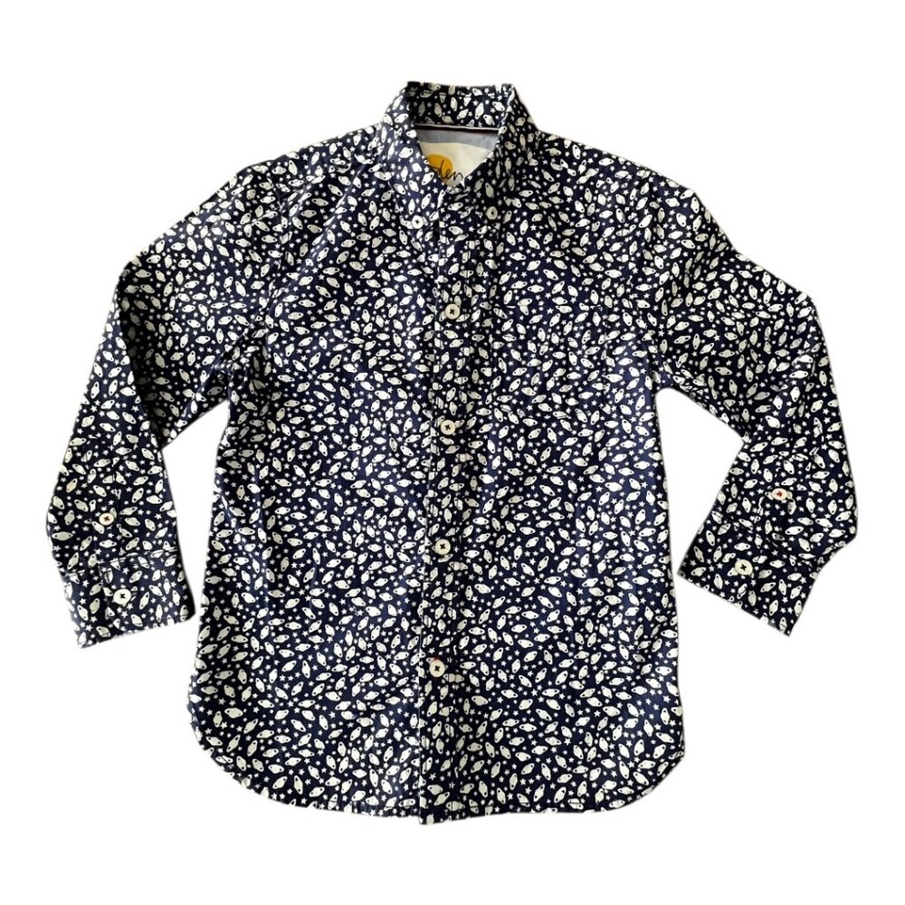 Boden Boys Button-Up Shirt Long Sleeve Space Print Navy Size 6-7Y (122cm)